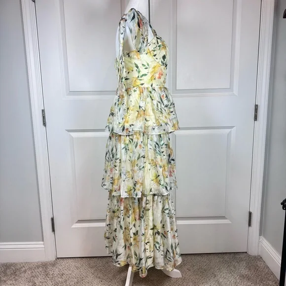 Lulus Yellow Floral Tiered Maxi Dress M Cottagecore Sweetheart Chiffon NWT - Picture 2 of 11
